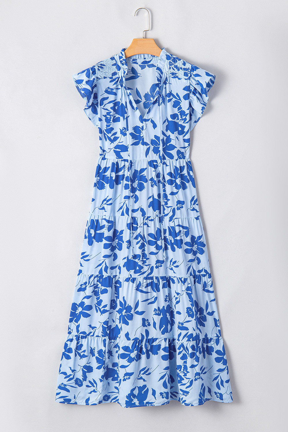 Sky Blue Floral Print Tiered Frilled Trim Flutter Sleeve Maxi Dress - Image 6