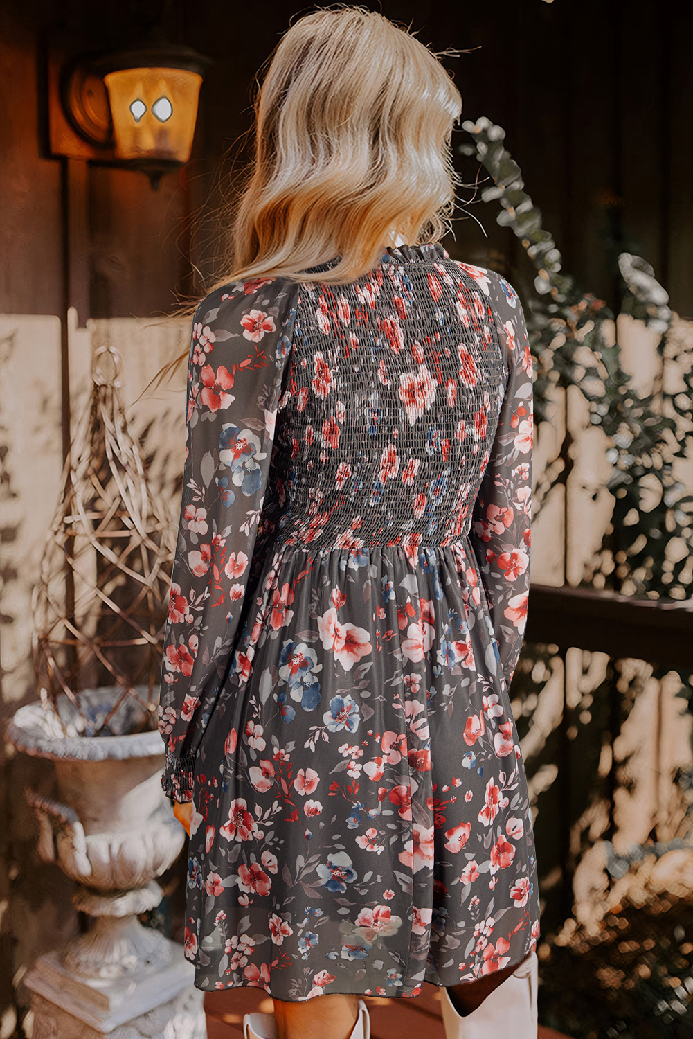 Brown Frilly Smocked Bodice Floral Mesh Long Sleeve Mini Dress - Image 2