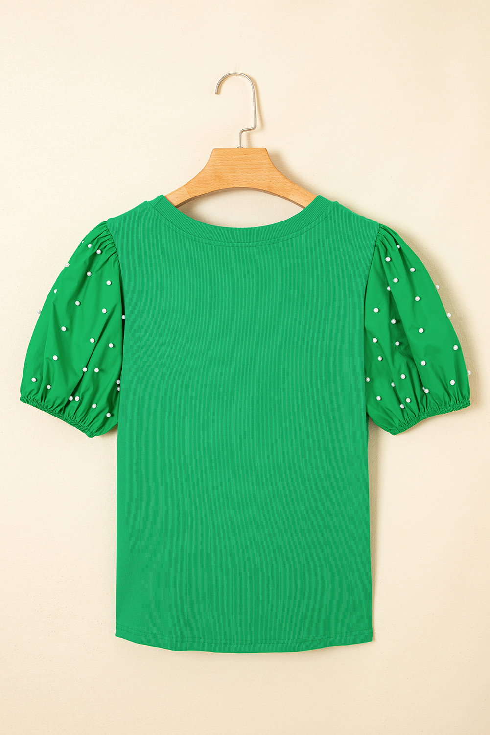 Bright Green Ribbed Pearl Beaded Puff Sleeve Top - Image 5