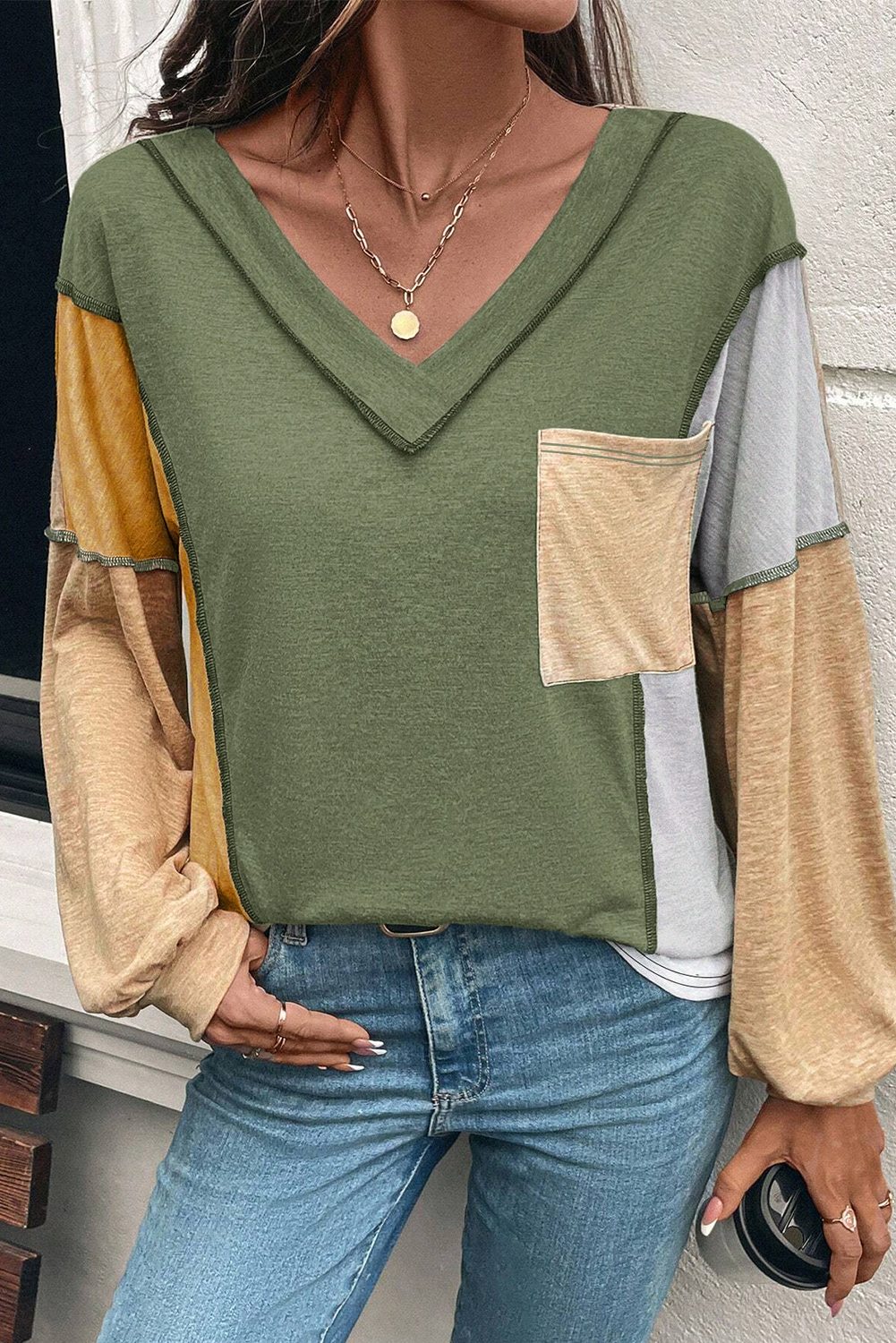 Jungle Green Exposed Stitching Colorblock V Neck Long Sleeve Top - Image 4