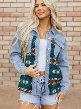 Blue Aztec Printed Denim Jacket