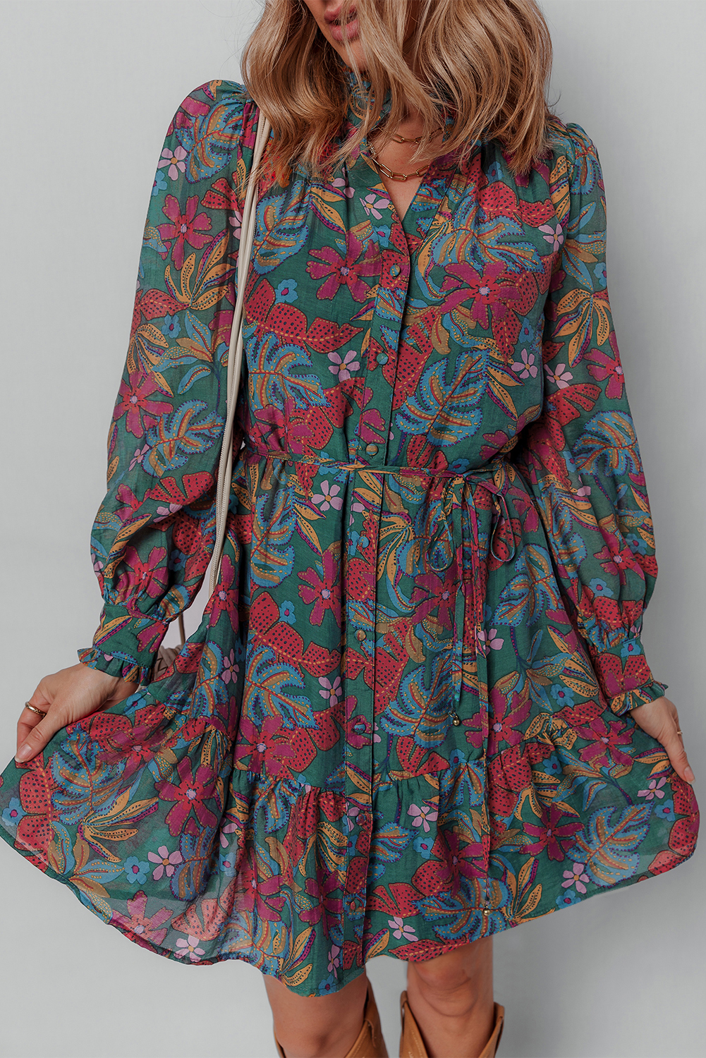 Green Floral Friled V Neck Puff Sleeve Ruffled Shirt Dress - Image 6