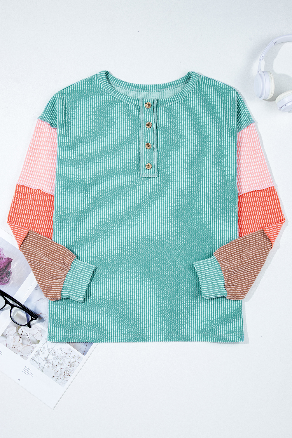 Multicolour Twisted Ribbed Knit Colorblock Henley Top - Image 4
