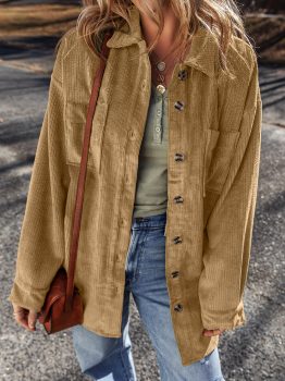Light French Beige Patched Pocket Button Up Corduroy Shacket