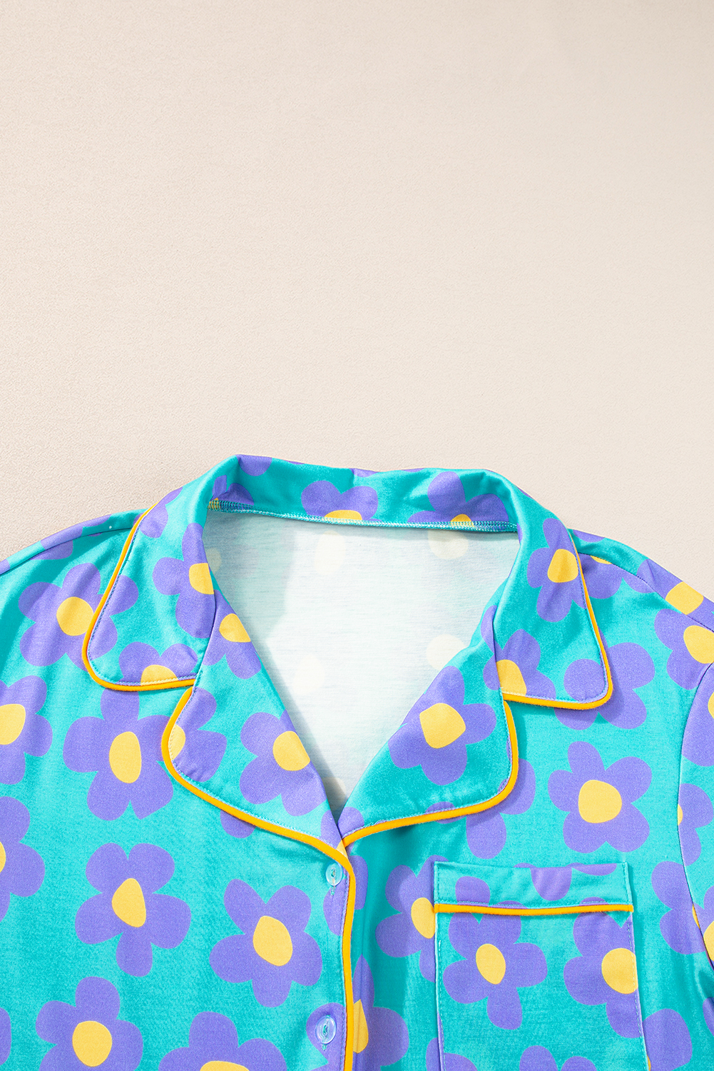 Green Flower Print Short Sleeve Shirt Pajamas Set - Image 5