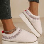 White Embroidered Sherpa Plush Thick Sole Winter Slippers