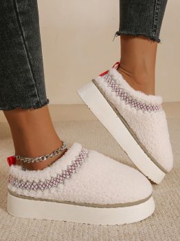 White Embroidered Sherpa Plush Thick Sole Winter Slippers