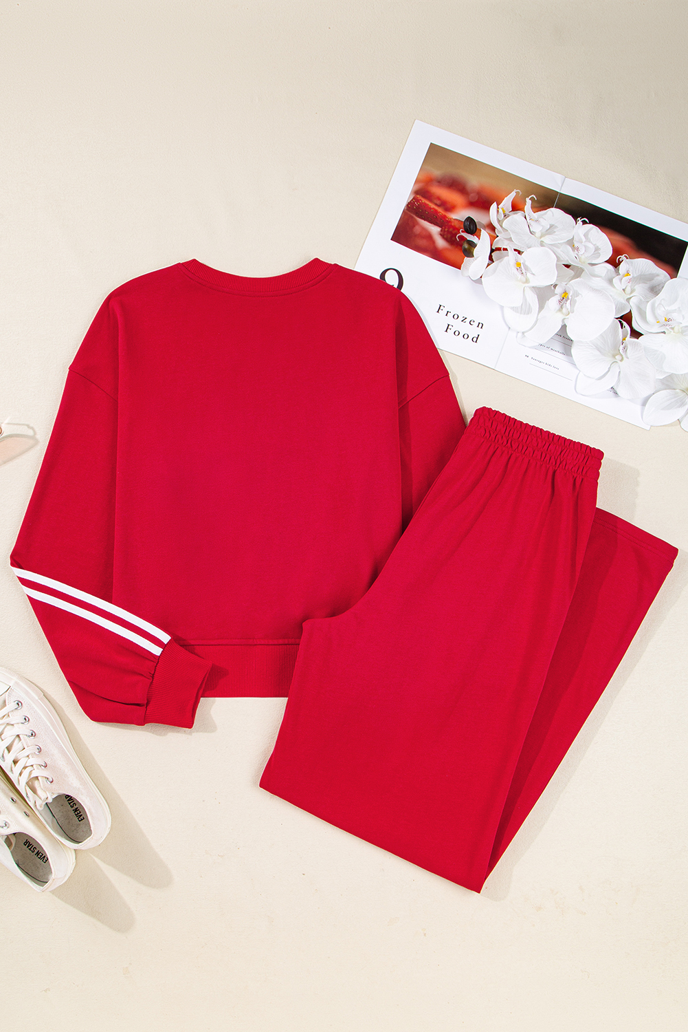Fiery Red Varsity Striped Detail Crewneck Pullover Elastic Sweatpants 2pcs Outfit - Image 6