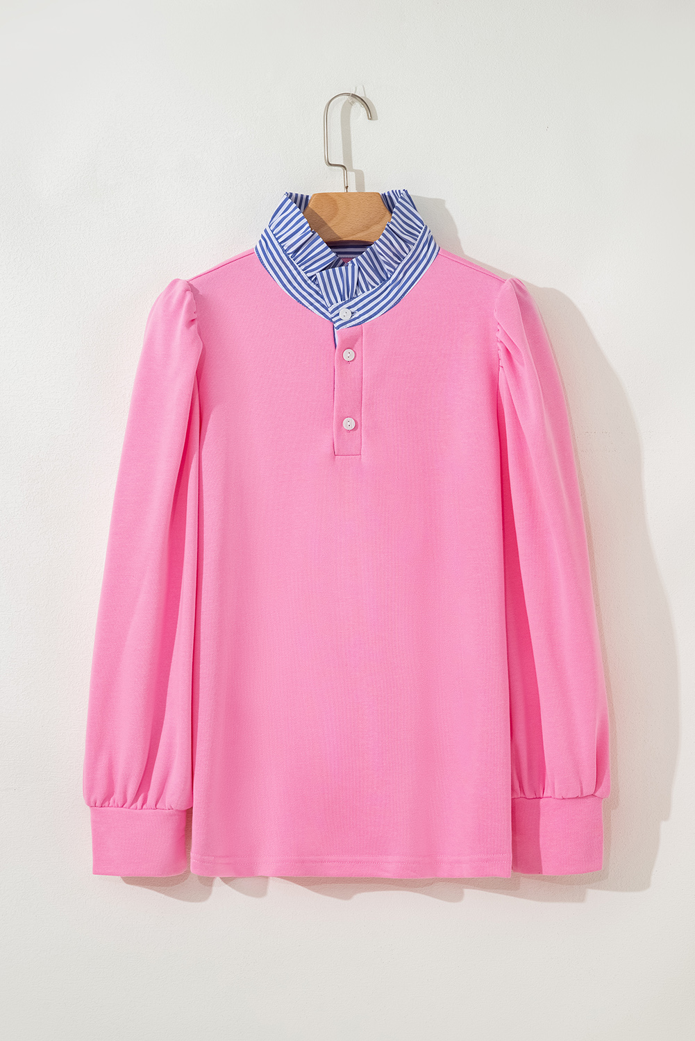 Bonbon Button Striped Collar Patchwork Puff Sleeve Sweatshirt - Image 4