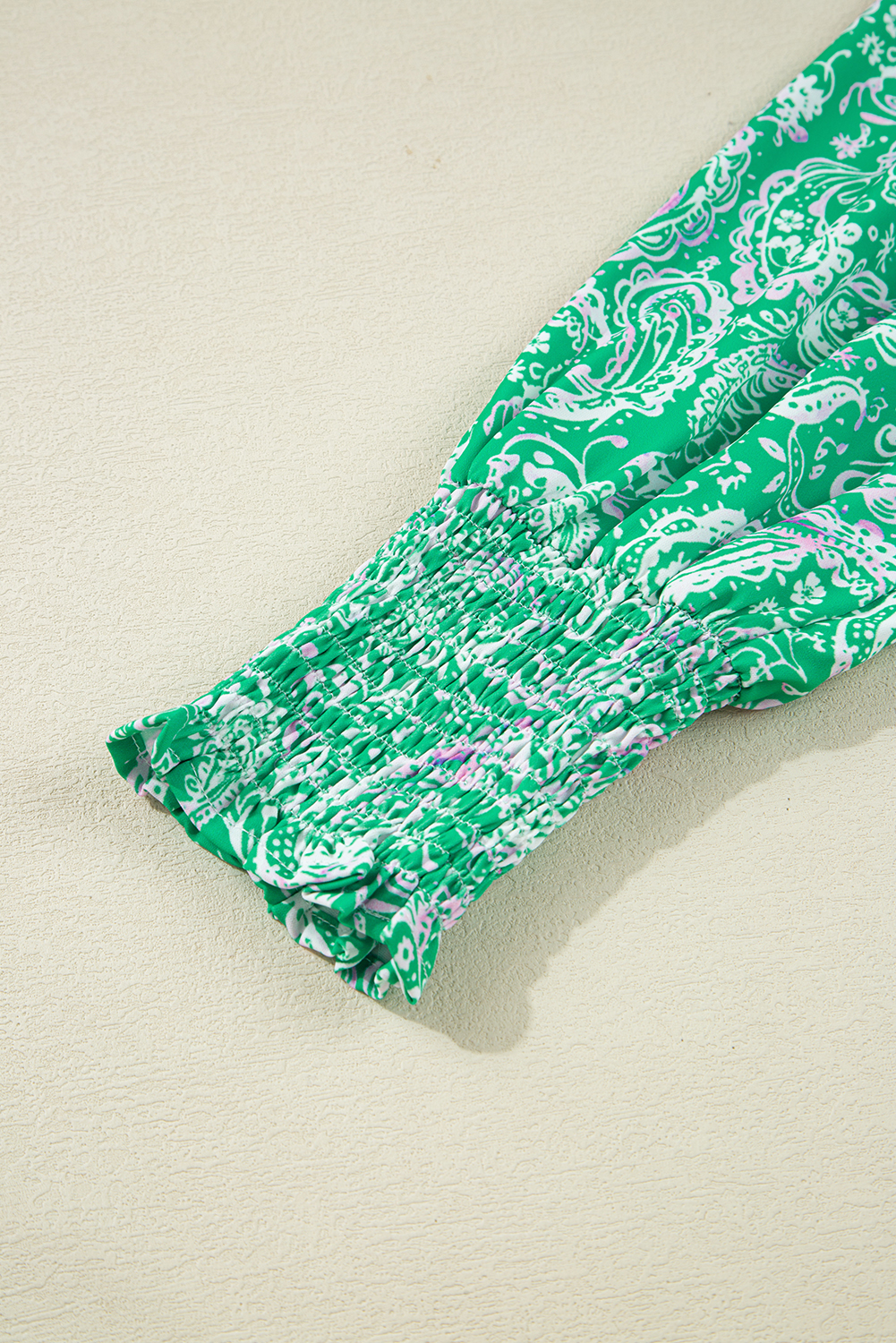 Green Paisley Print Long Sleeve Button Front Tied Waist Mini Dress - Image 7