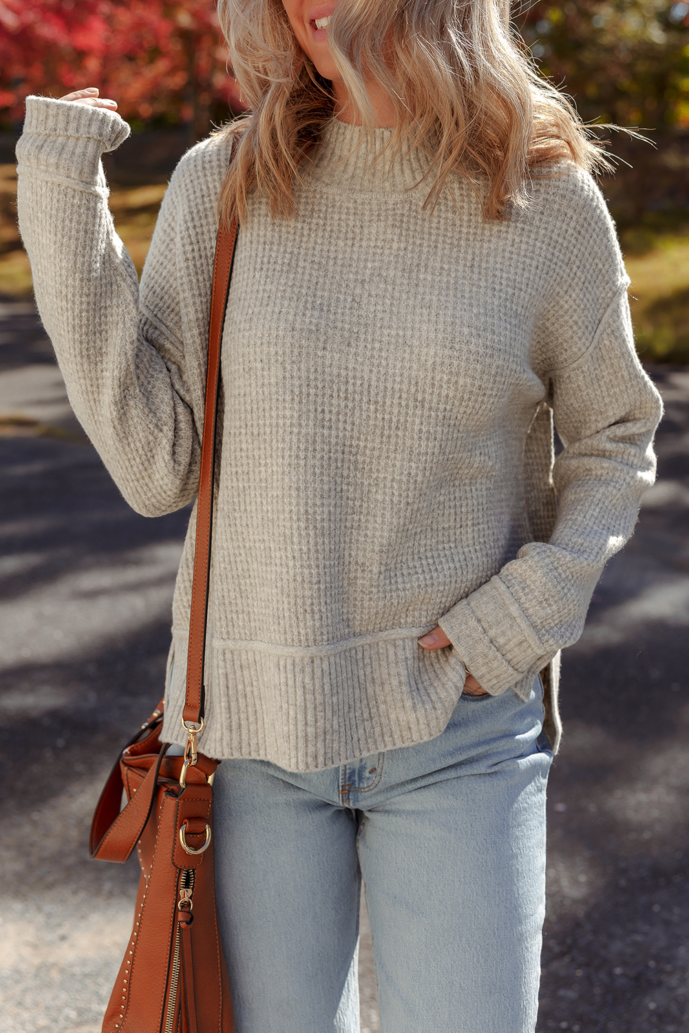 Gray Morn Waffle Texture Knit Ribbed High Neck Drop Shoulder Sweater - Image 3