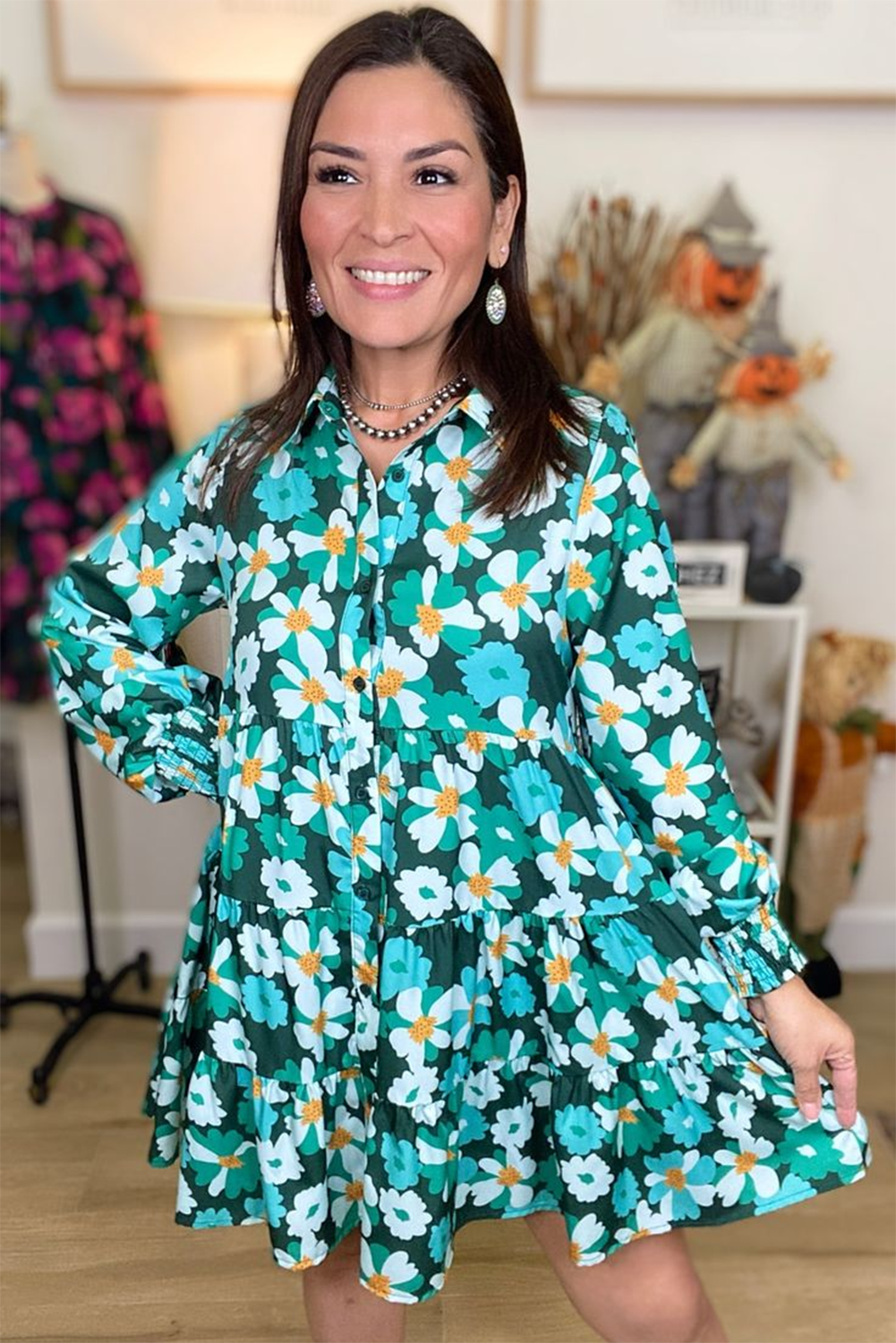 Green Floral Tiered Long Puff Sleeve Shirt Dress - Image 8