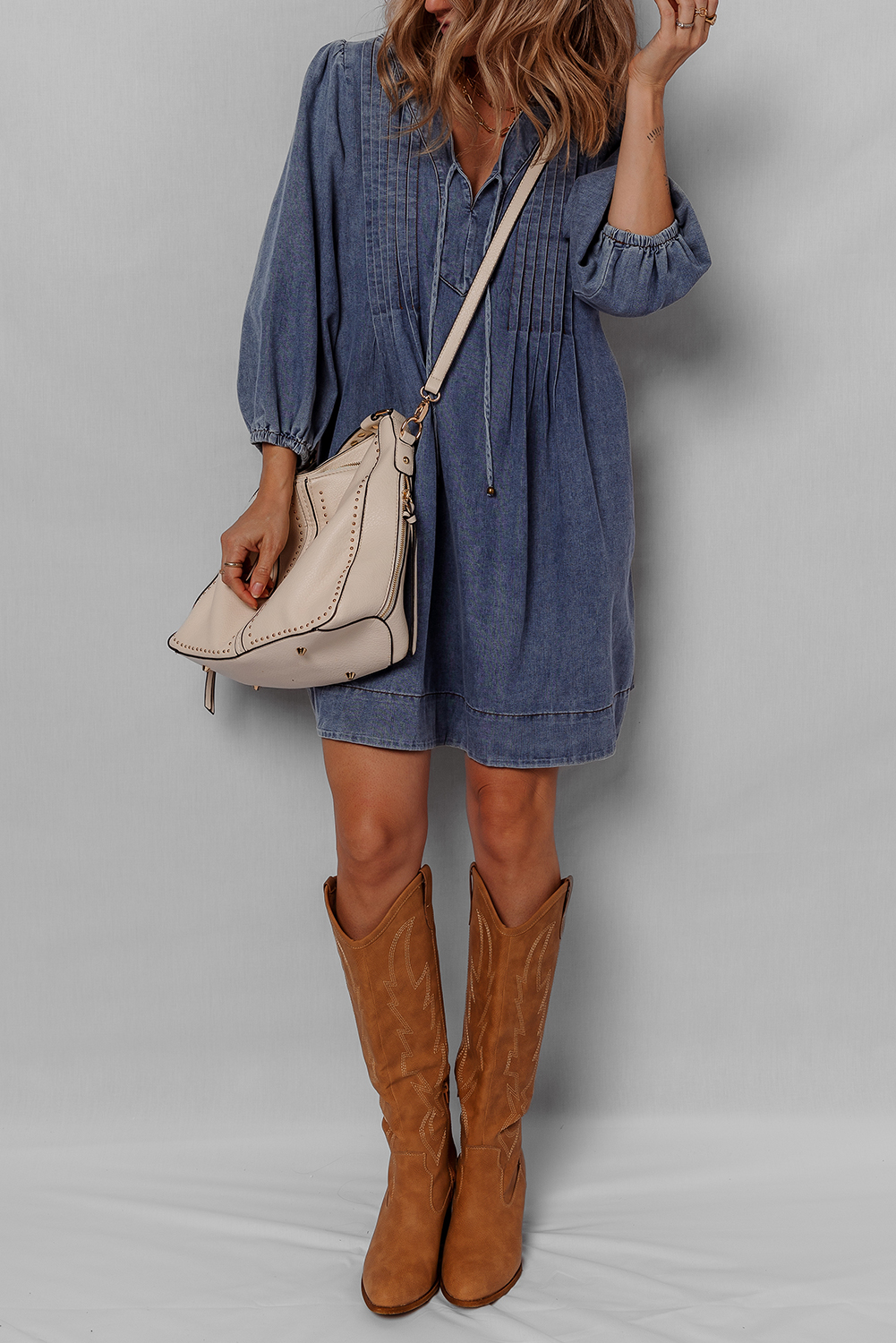 Sail Blue 3/4 Sleeve Tied V Neck Pleated Denim Mini Dress - Image 4
