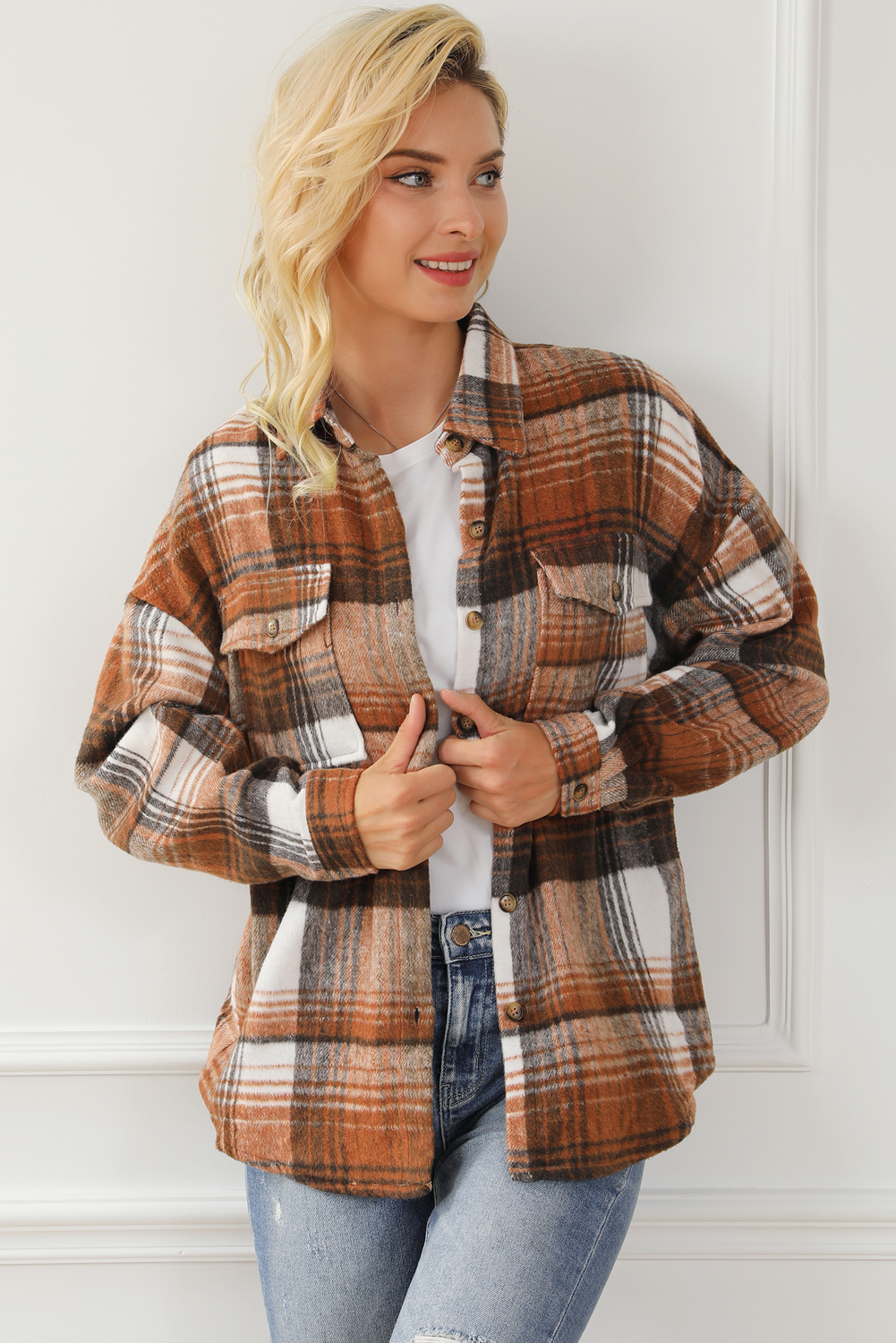 Brown Plaid Flap Pockets Shacket - Image 8