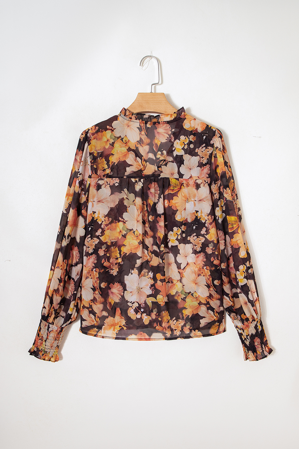 Black Floral V Neck Long Puff Sleeve Breezy Blouse - Image 5