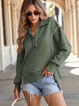 Moss Green Buttoned Collared Raw Detail High Low Baggy Sweatshirt with Slits