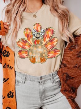 Khaki Thanksgiving Bowknot Turkey Graphic Crewneck Tee