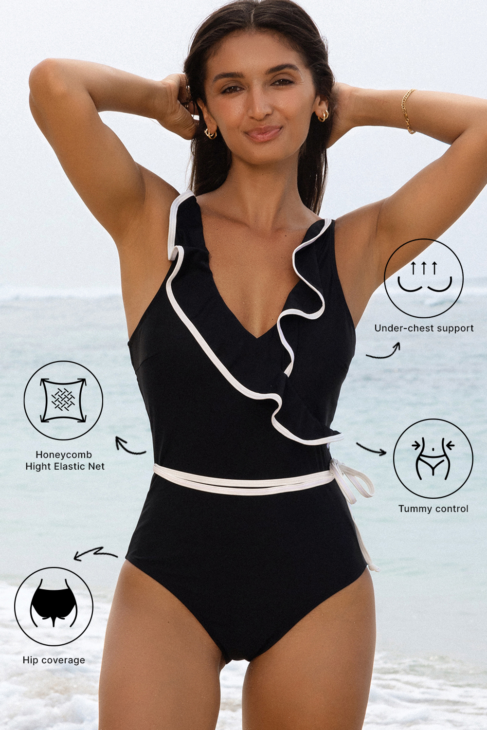 Black Color Contrast Ruffled Wrap V Neck Swimsuit - Image 3