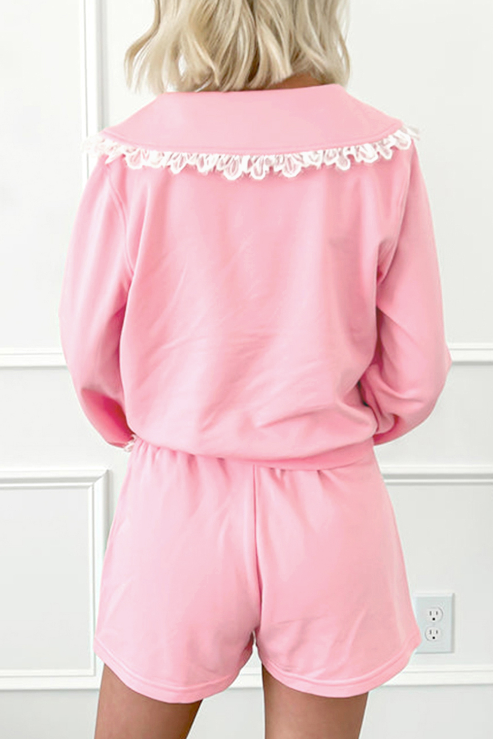 Pink Peter Pan Lace Embellished Neck Collision Sweatshirt and Skirt Two Piece Set - Image 2