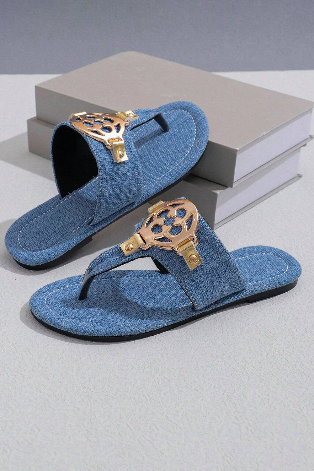 Dusk Blue Metal Decor Leather Thong Slippers - Image 6