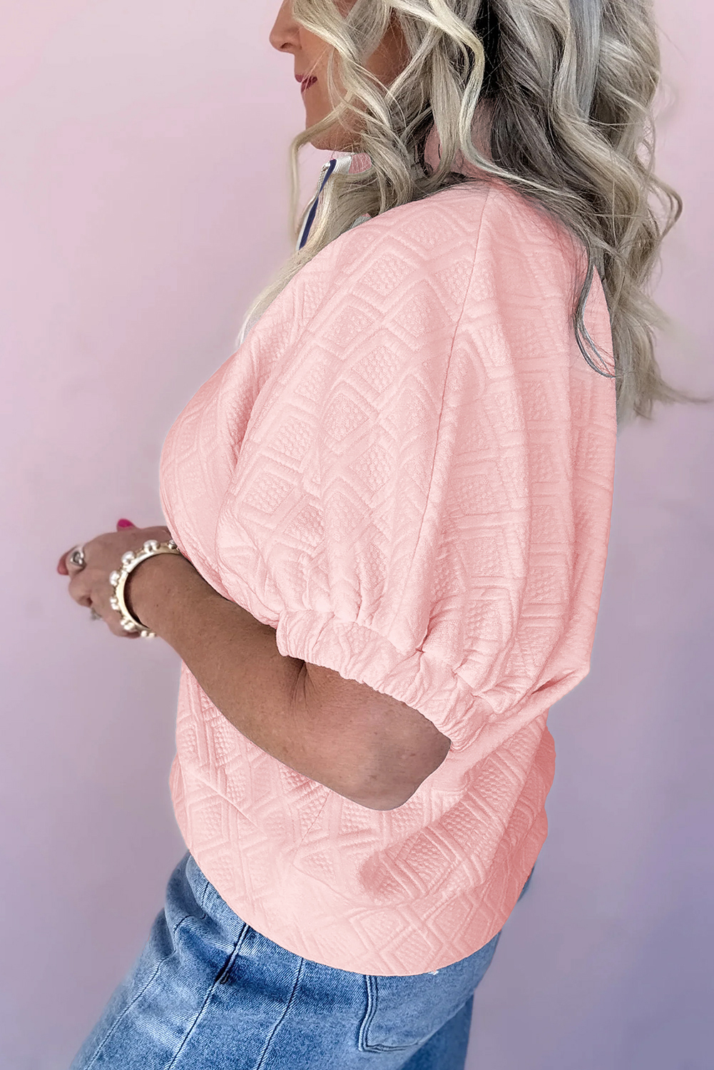 Light Pink Contrast Striped Collar Patchwork Textured Half Sleeve Blouse - Image 3
