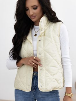 Beige Quilted High Neck Button Up Pocket Vest Coat