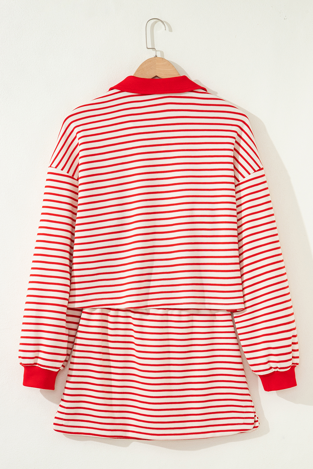Red Stripe Collared V Neck Drop Shoulder Pullover and Skort 2pcs Outfit - Image 8