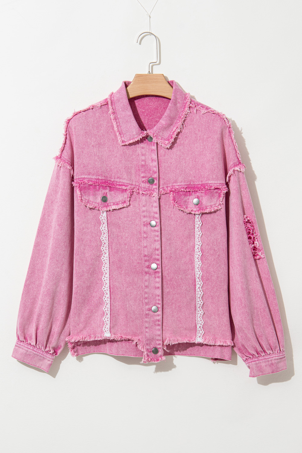 Pink Lace Patchwork Distressed Buttoned Denim Jacket - Image 7