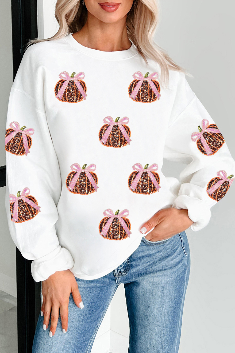 White Sequin Bow Pumpkin Patched Cotton Baggy Sweatshirt - Image 3