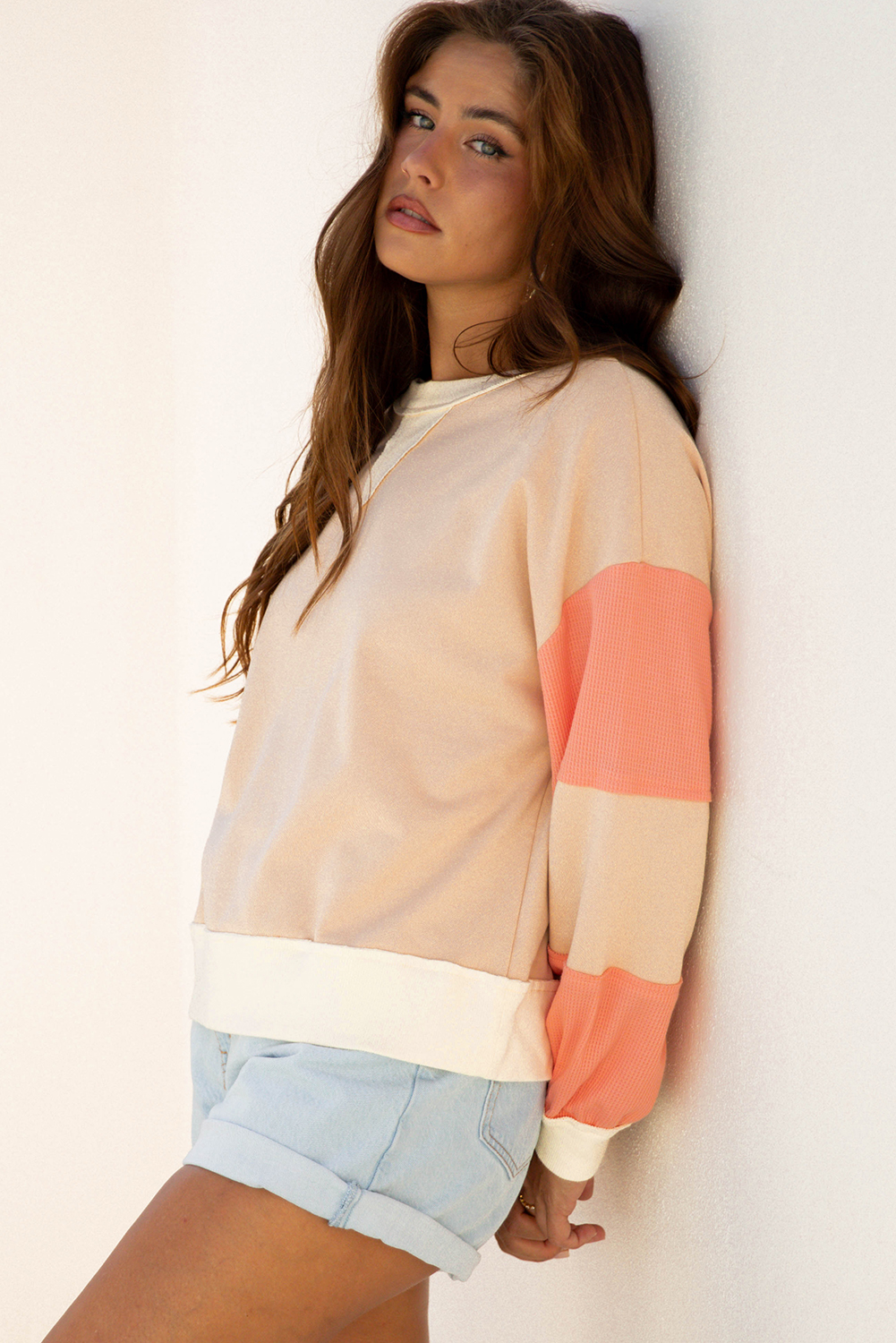 Light French Beige Color Block Textured Patchwork Pullover Sweatshirt - Image 3