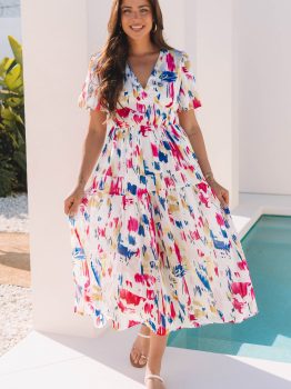 Rose Abstract Print Short Puff Sleeve Tiered Maxi Dress