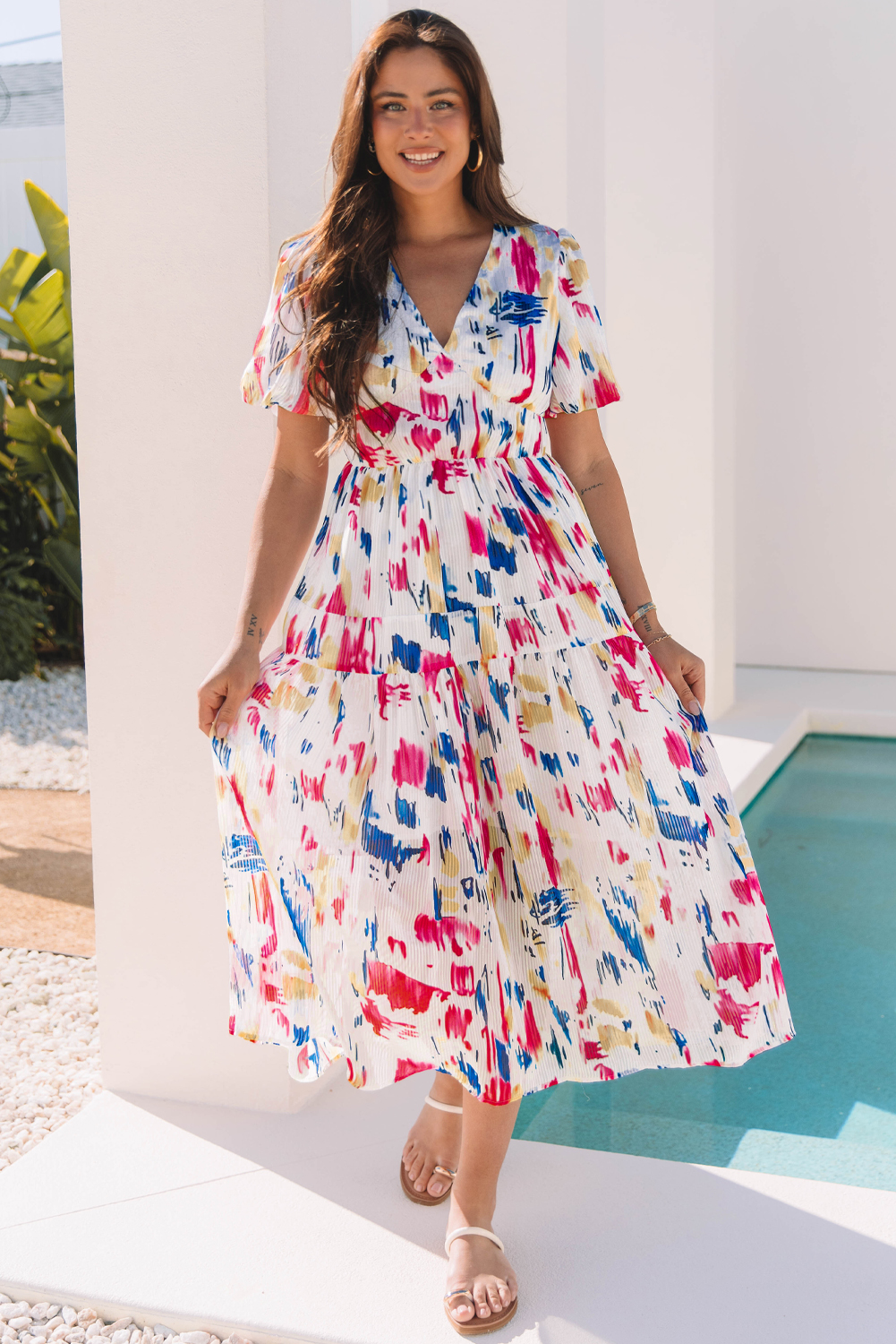 Rose Abstract Print Short Puff Sleeve Tiered Maxi Dress