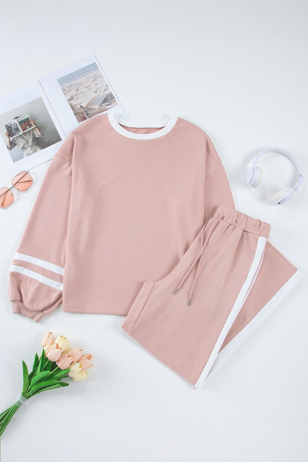 Pink Varsity Stripe Patchwork Puff Sleeve Pullover Drawstring Wide Leg Pant Set - Image 8