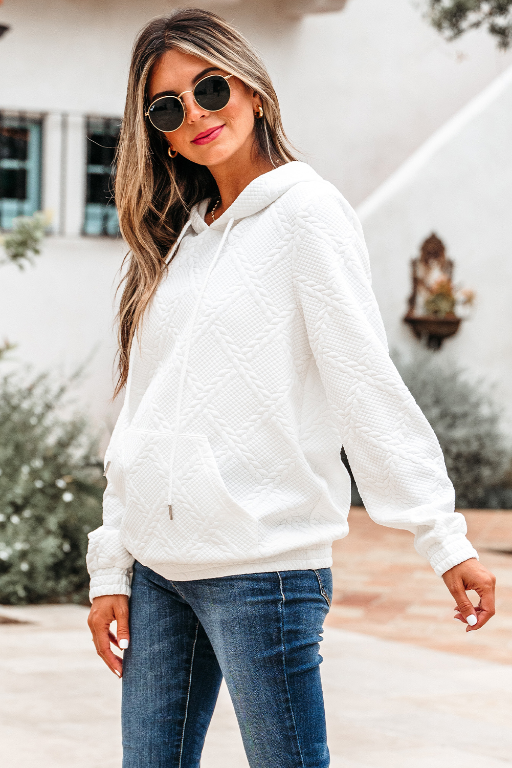 White Cable Lattice Texture Kangaroo Pocket Hoodie - Image 3