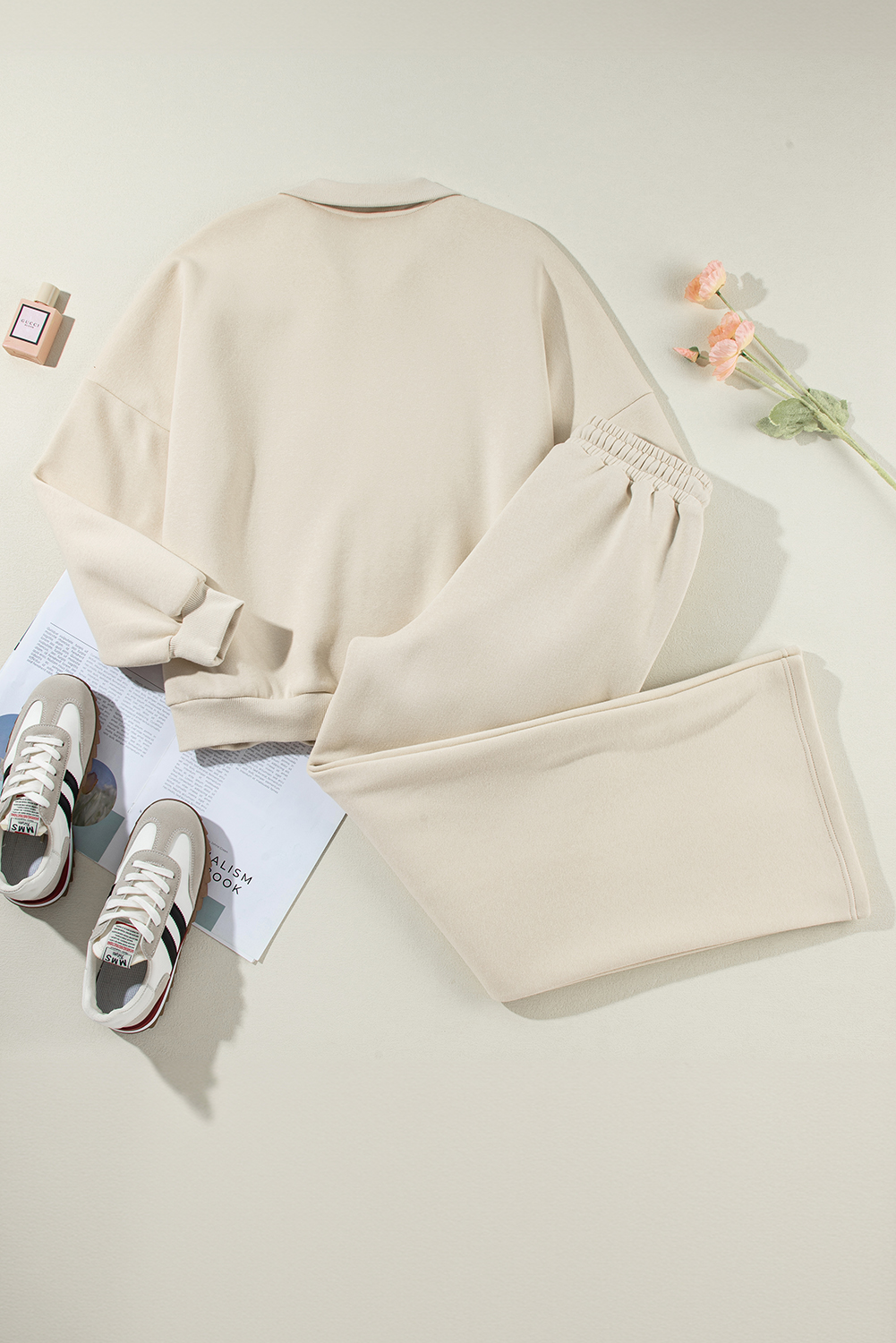 Beige Drop Shoulder Zip Up Jacket Drawstring Pants Active 2pcs Set - Image 8