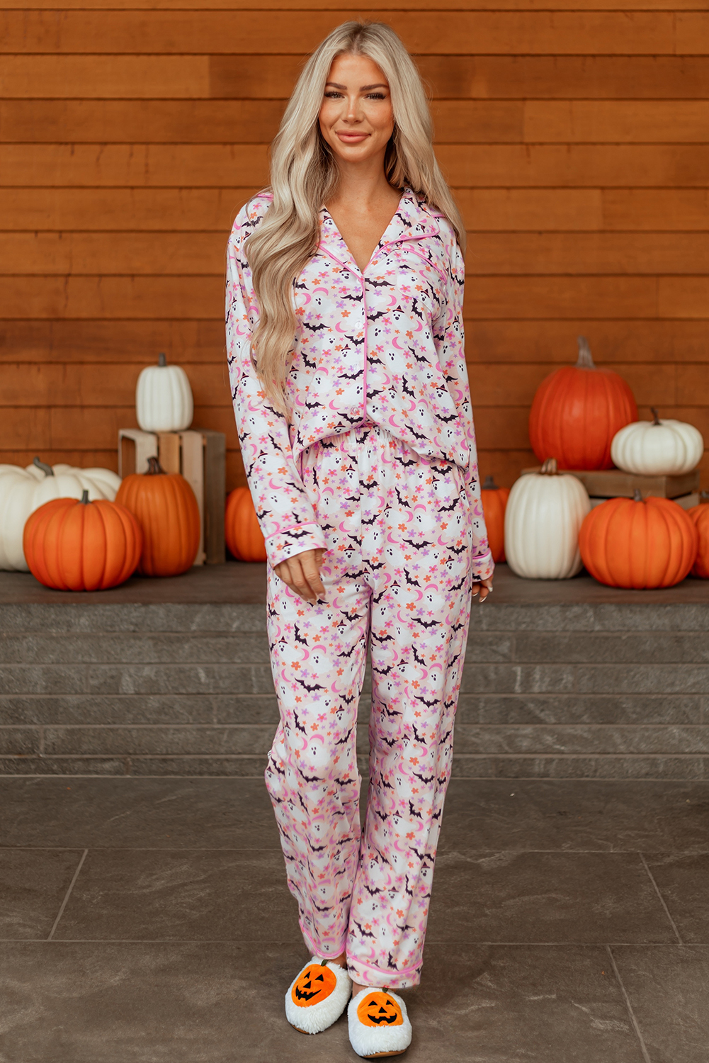 Pink Halloween Eve Haunted Honey Bat Print Pajama Set - Image 6