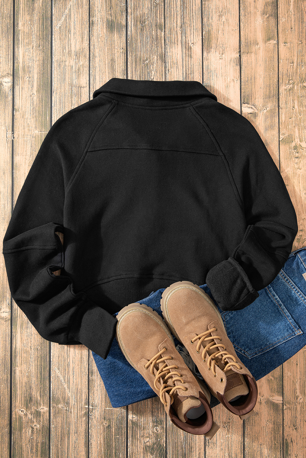 Black Fleece Lined Zip Up Stand Collar Thumbhole Sleeve Sweatshirt - Image 6