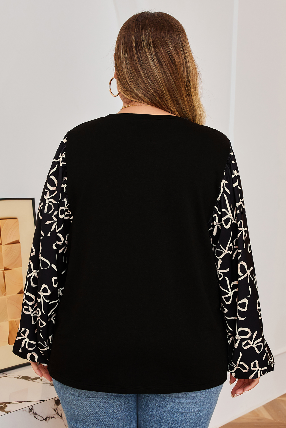 Black Bow Knot Patchwork Crewneck Plus Size Blouse - Image 2