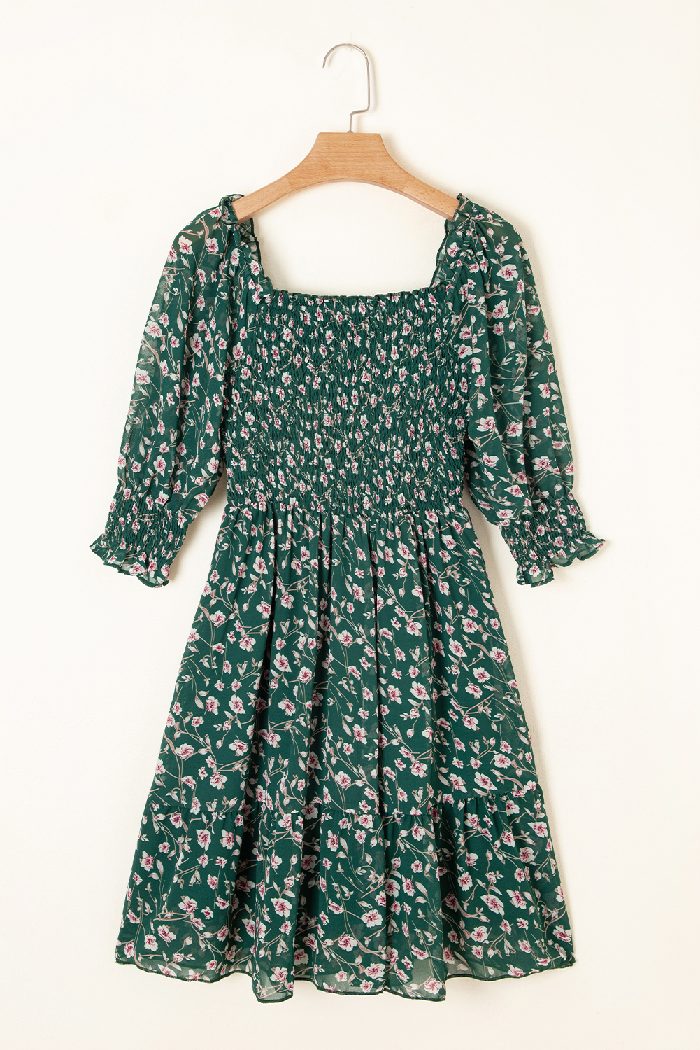 Green Smocked Square Neck Puff Short Sleeve Floral Dress - Image 6