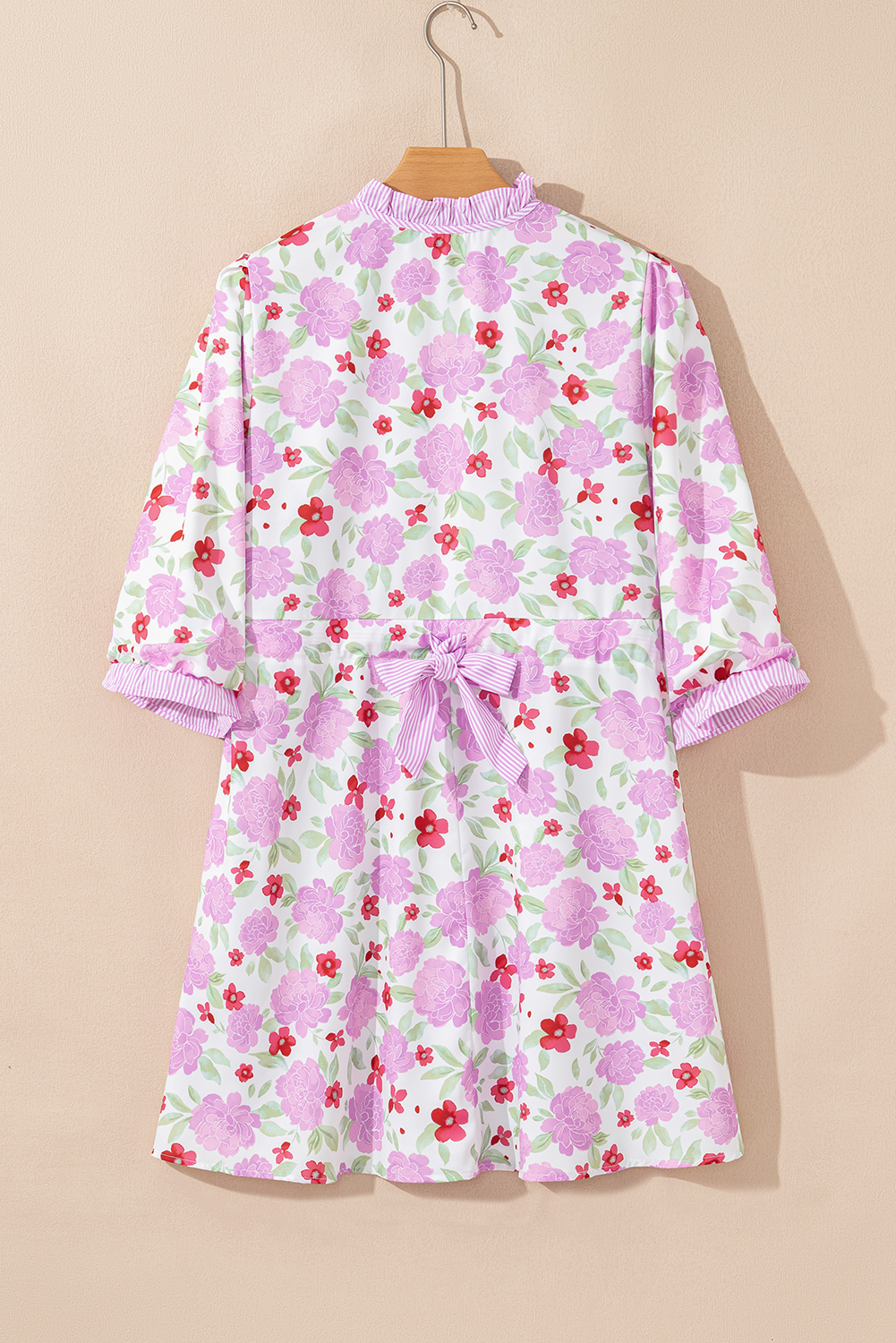 Pink Floral Print Striped Trim Frilled Neck 3/4 Sleeve Flared Mini Dress - Image 4