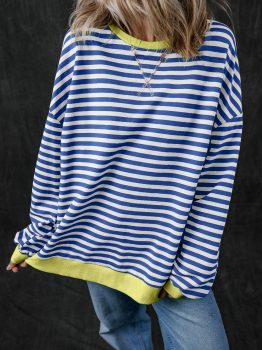 Blue Stripe Oversized Contrast Trim Pullover Sweatshirt