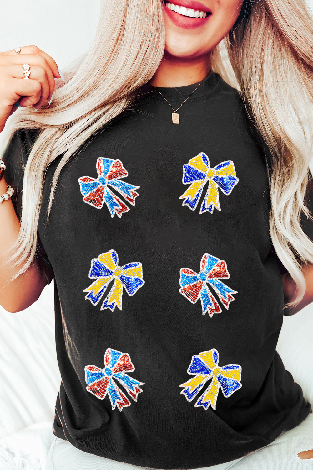 Black Cheerful Sequin Bow Patched Game Day T Shirt - Image 6