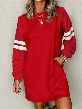 Fiery Red Varsity Contrast Banded Sleeve Shift Sweatshirt Dress