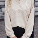 Apricot Solid Textured Drawstring Henley Hoodie