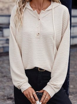 Apricot Solid Textured Drawstring Henley Hoodie