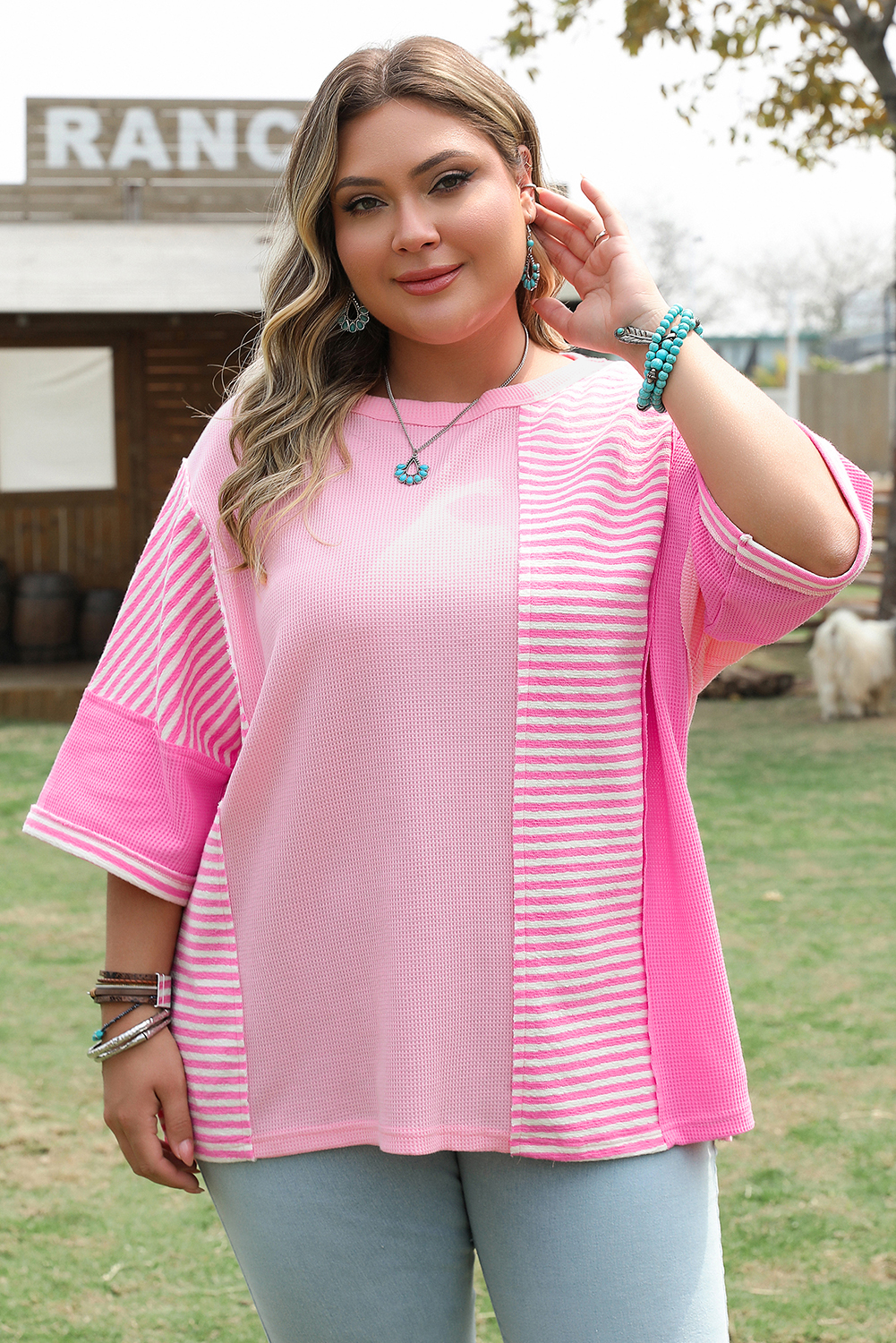 Pink Stripe Patchwork Colorblock Plus Size T Shirt - Image 6
