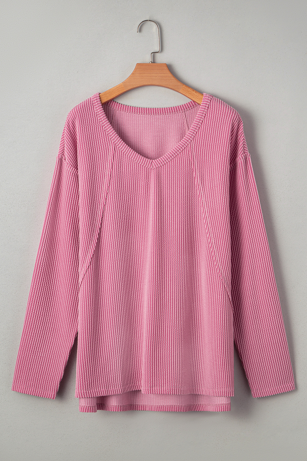 Pink Twisted Rib Texture Exposed Seam Patchwork Loose Long Sleeve Top - Image 8