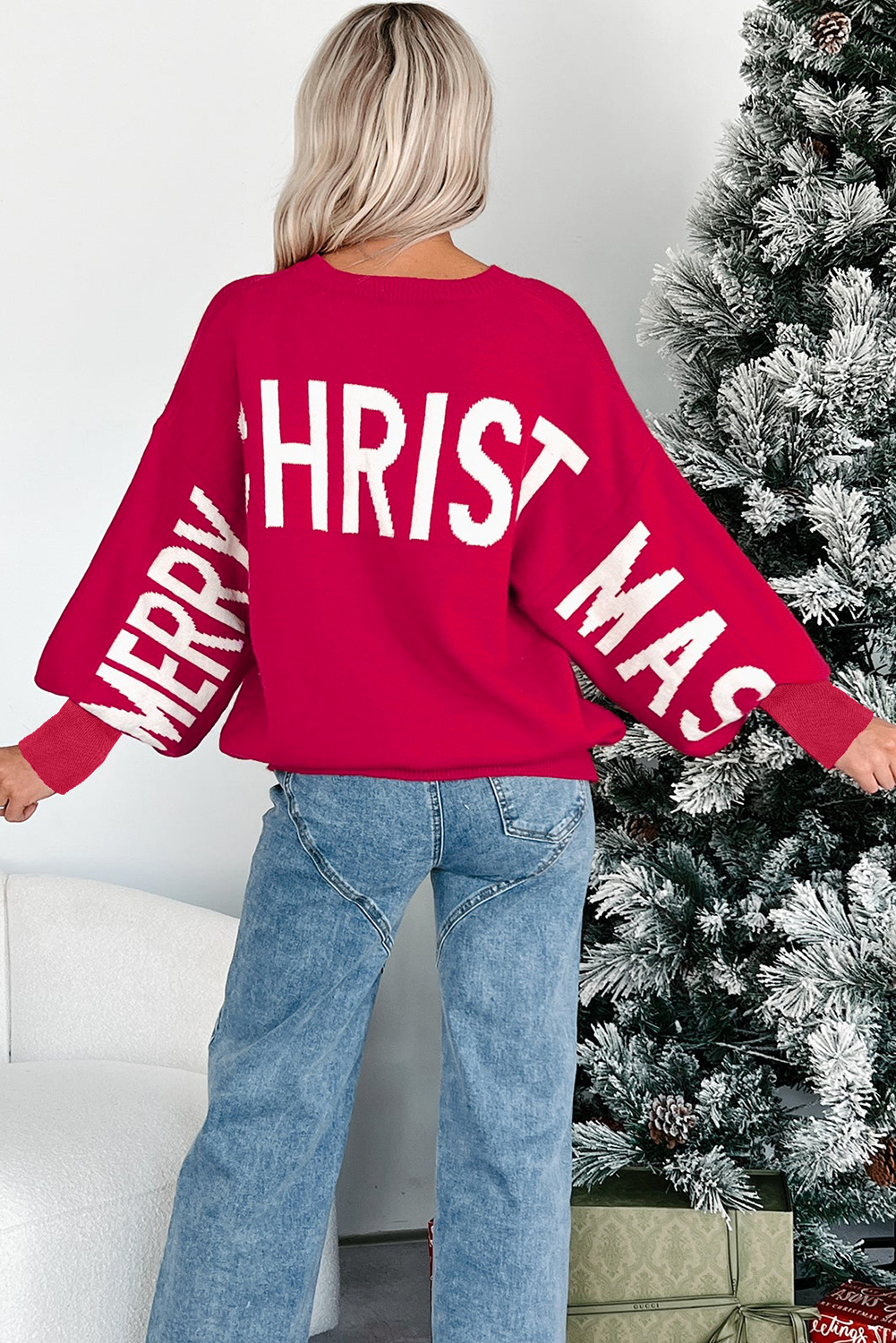 Fiery Red HO HO HO MERRY CHRISTMAS Drop Shoulder Loose Sweater - Image 2