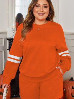 Orange Plus Size Varsity Striped Drop Shoulder Pullover Drawstring Elastic Waistband Short Set