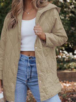 Khaki Quilted Snap Button Hooded Puffer Coat